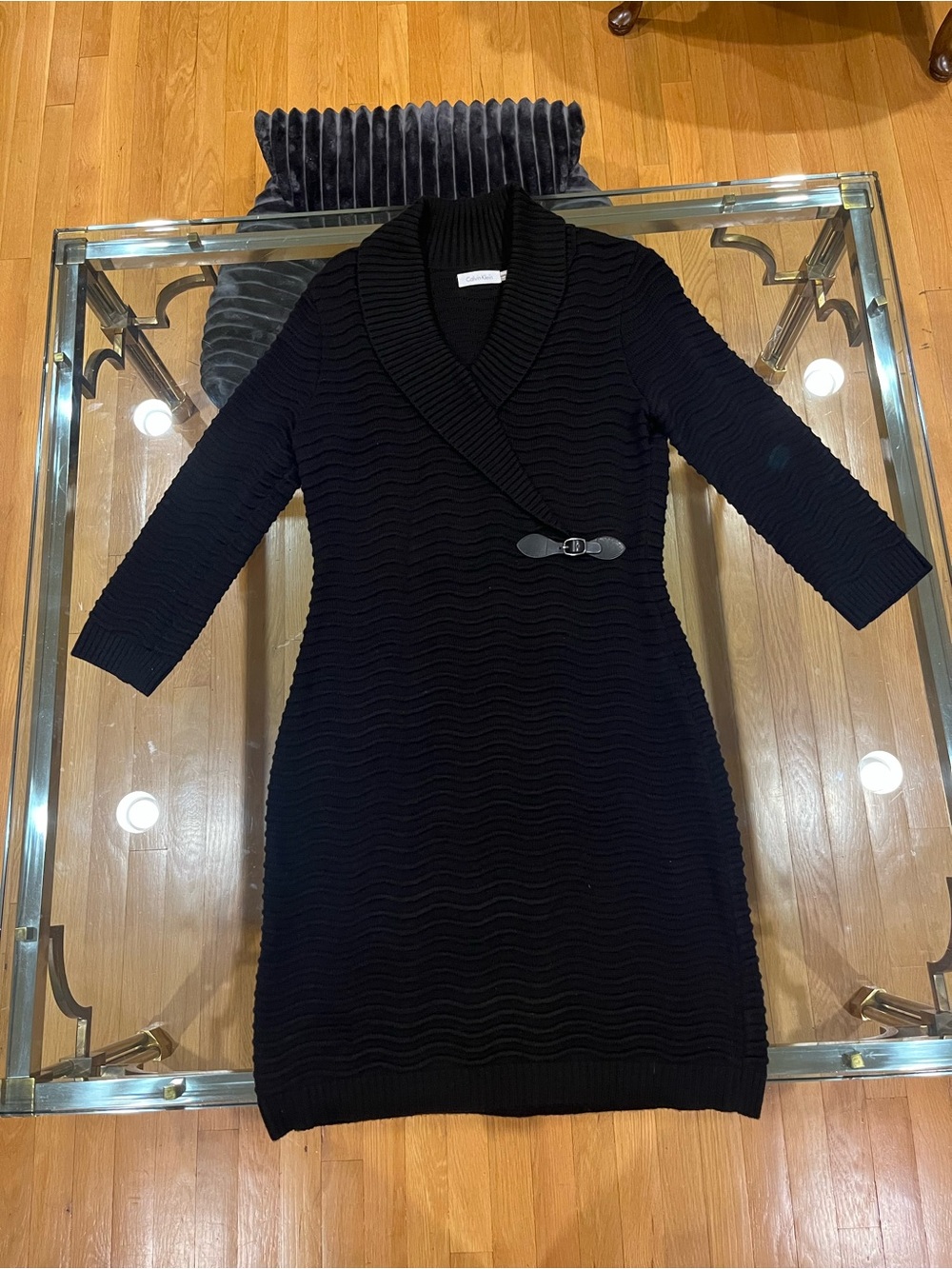 Calvin Klein Black Textured Wrap Sweater Dress